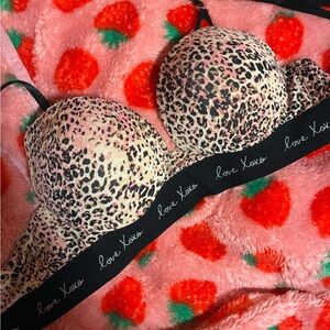 Leopard Print Push-Up Bra with 'Love Xoxo' Band - Pink/Beige